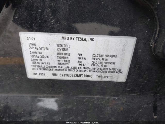 2021 TESLA MODEL Y 5YJYGDEE2MF275046 Photo 8