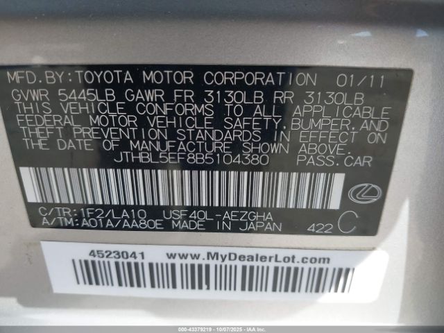 2011 LEXUS LS 460 JTHBL5EF8B5104380 Photo 8