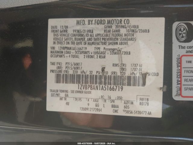 2010 FORD MUSTANG 1ZVBP8AN1A5166719 Photo 8