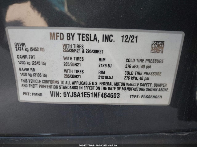 2022 TESLA MODEL S 5YJSA1E51NF464603 Photo 8