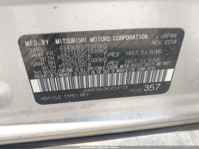 2019 MITSUBISHI OUTLANDER SPORT JA4AP3AU3KU014158 Photo 8