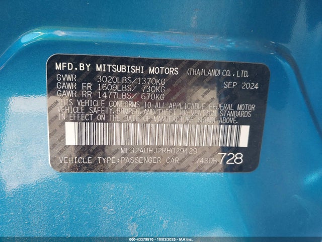 Продаж на аукціоні авто 2024 Mitsubishi Mirage Es/le, vin: ML32AUHJ2RH029429, номер лоту: 43379510