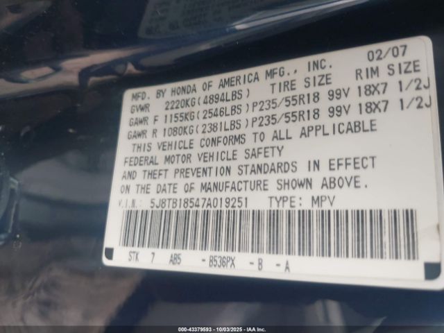 2007 ACURA RDX 5J8TB18547A019251 Photo 8