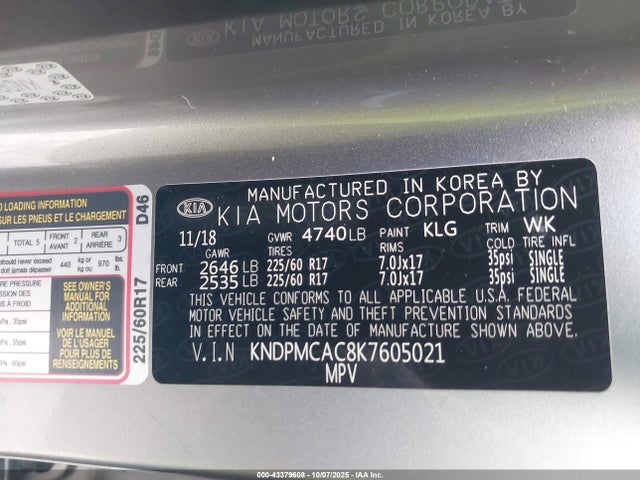 43379608 :رقم المزاد ، KNDPMCAC8K7605021 vin ، 2019 Kia Sportage Lx مزاد بيع