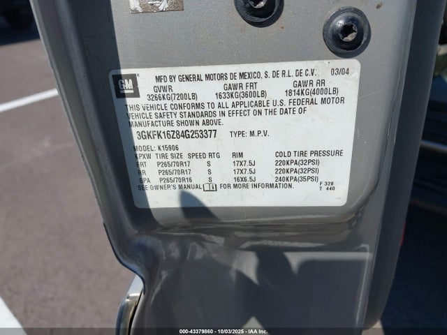 Aukcja sprzedaży 2004 Gmc Yukon Xl 1500 Slt, vin: 3GKFK16Z84G253377, numer aukcji: 43379860