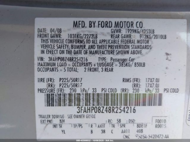 2008 FORD FUSION 3FAHP08Z48R254216 Photo 8