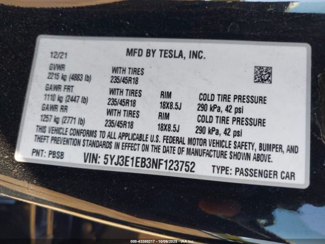 2022 TESLA MODEL 3 5YJ3E1EB3NF123752 Photo 8