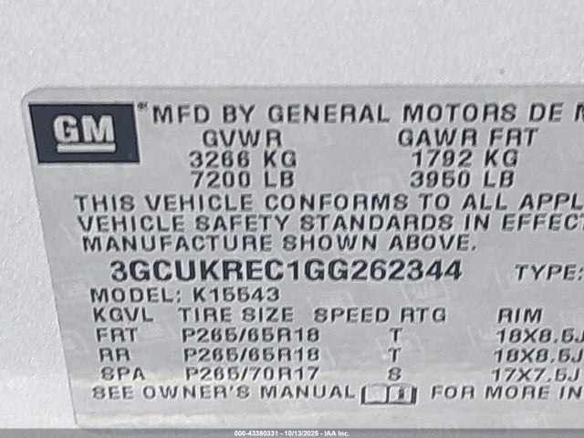 3GCUKREC1GG262344 Chevrolet Silverado 1500 2lt
