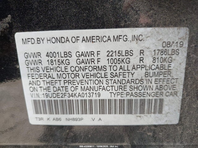 Acura k24v7 2019 19UDE2F34KA013719 Image 9