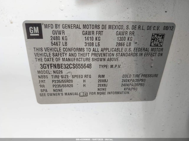 43380655 :رقم المزاد ، 3GYFNBE32CS655648 vin ، 2012 Cadillac Srx Performance Collection مزاد بيع