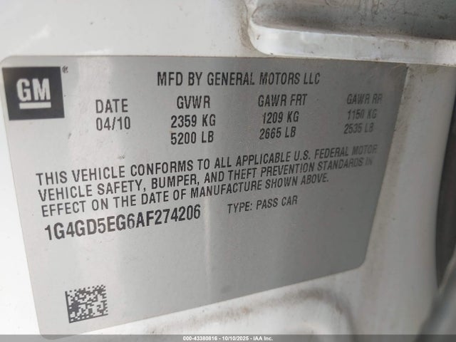 43380816 :رقم المزاد ، 1G4GD5EG6AF274206 vin ، 2010 Buick Lacrosse Cxl مزاد بيع