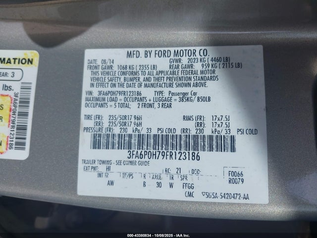 Ford FUSION SE 2015 3FA6P0H79FR123186 Image 9