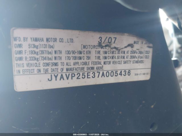 2007 YAMAHA XVS1300 JYAVP25E37A005436 Photo 9