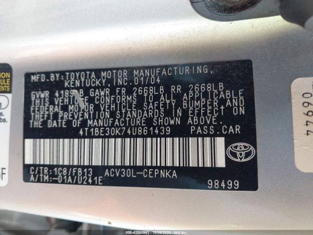 2004 TOYOTA CAMRY 4T1BE30K74U861439 Photo 8