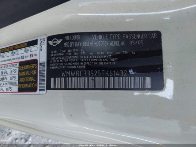 2005 MINI COOPER WMWRC33525TK61432 Photo 8