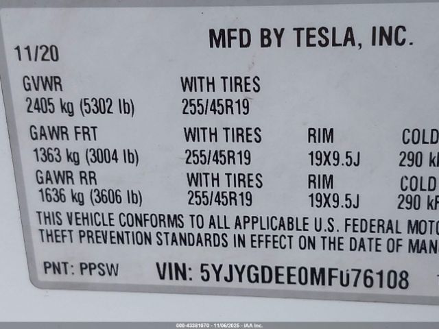 2021 TESLA MODEL Y 5YJYGDEE0MF076108 Photo 8