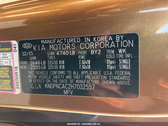 2017 Kia Sportage Ex მანქანა იყიდება აუქციონზე, vin: KNDPNCAC2H7032557, აუქციონის ნომერი: 43381170