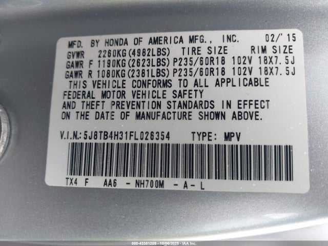 Продаж на аукціоні авто 2015 Acura Rdx, vin: 5J8TB4H31FL026354, номер лоту: 43381209
