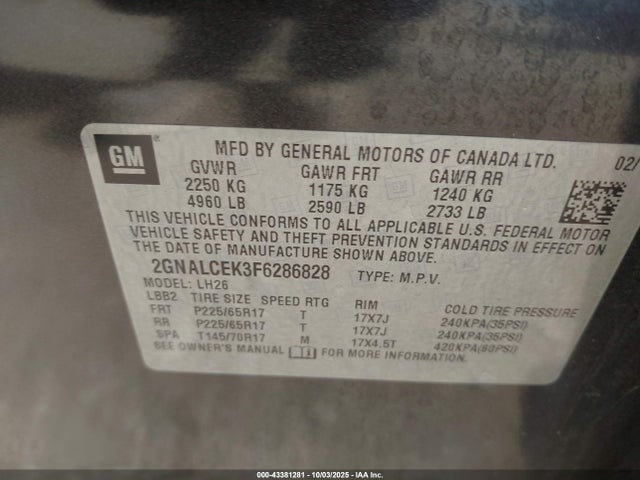 2GNALCEK3F6286828 Chevrolet Equinox 2lt
