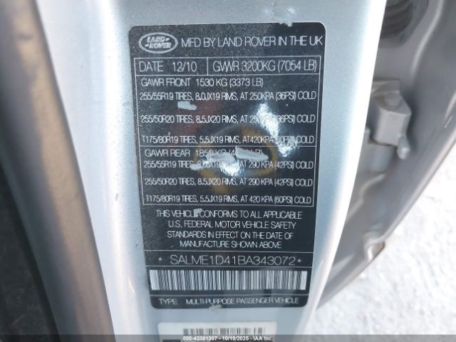 2011 LAND ROVER RANGE ROVER SALME1D41BA343072 Photo 8