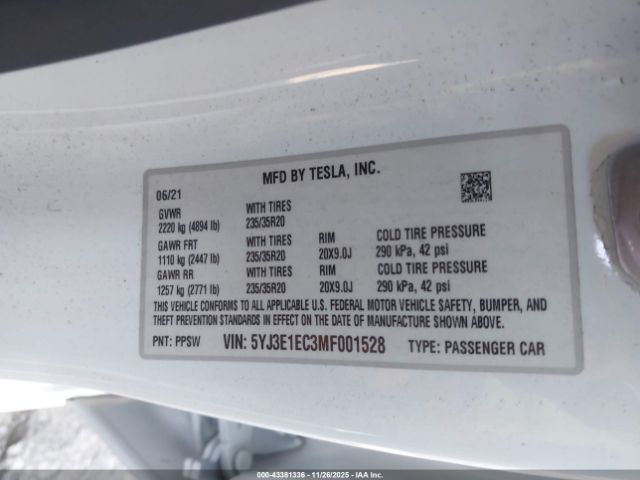 2021 TESLA MODEL 3 5YJ3E1EC3MF001528 Photo 8