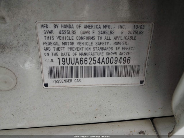 Aukcja sprzedaży 2004 Acura Tl, vin: 19UUA66254A009496, numer aukcji: 43381348