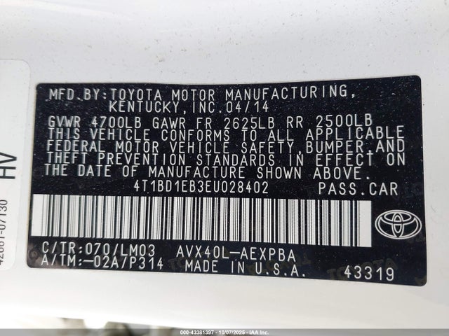 Toyota 2ar-fxe+2jm 2014 4T1BD1EB3EU028402 Image 9