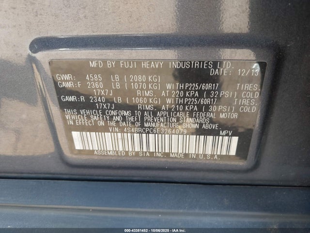 43381452 :رقم المزاد ، 4S4BRCPC6E3264079 vin ، 2014 Subaru Outback 2.5i Limited مزاد بيع
