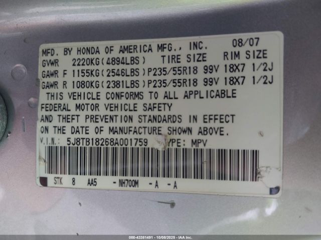 2008 ACURA RDX 5J8TB18268A001759 Photo 8