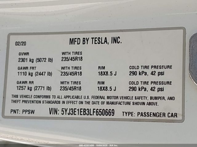 2020 TESLA MODEL 3 5YJ3E1EB3LF650669 Photo 8
