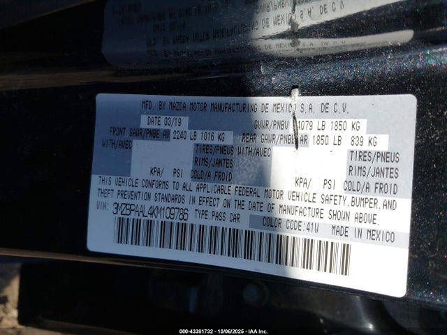Aukcja sprzedaży 2019 Mazda Mazda3 Select Package, vin: 3MZBPAAL4KM109786, numer aukcji: 43381732