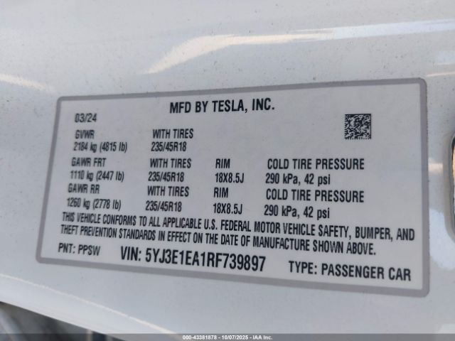 2024 TESLA MODEL 3 5YJ3E1EA1RF739897 Photo 8