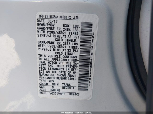 Aukcja sprzedaży 2017 Infiniti Qx70, vin: JN8CS1MU2HM144040, numer aukcji: 43381963