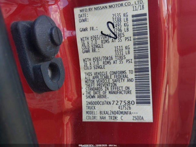 2019 Nissan Frontier Sv მანქანა იყიდება აუქციონზე, vin: 1N6DD0CU7KN727580, აუქციონის ნომერი: 43381974