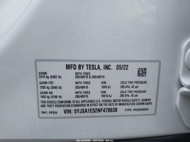 2022 TESLA MODEL S 5YJSA1E52NF478638 Photo 8