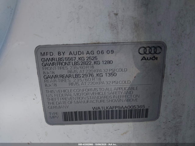 43382068 :رقم المزاد ، WA1LKAFP9AA005365 vin ، 2010 Audi Q5 3.2 Premium مزاد بيع