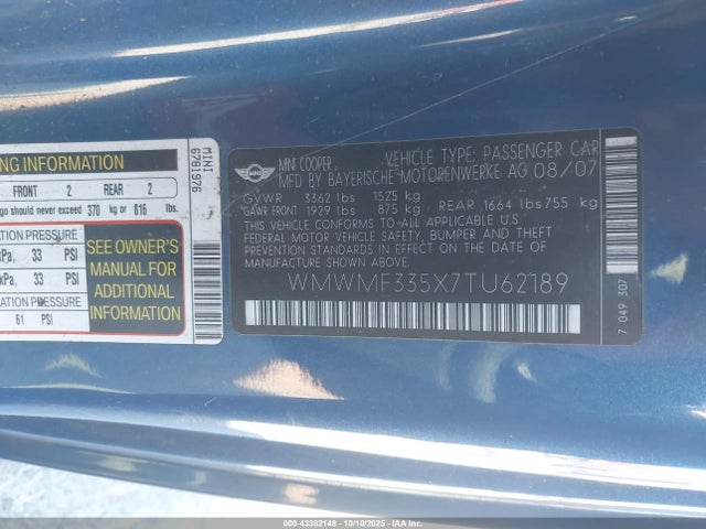 2007 MINI COOPER WMWMF335X7TU62189 Photo 8
