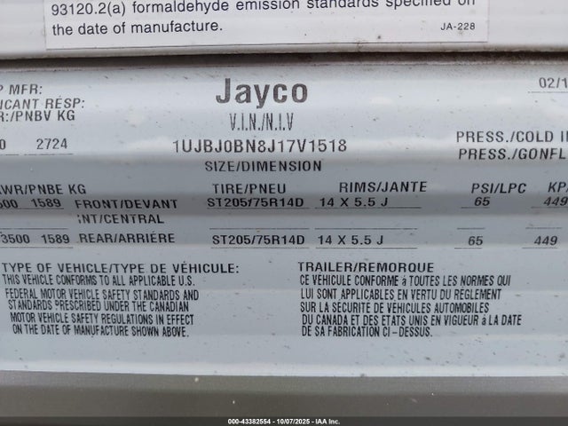 Aukcja sprzedaży 2018 Jayco Jay Flight Slx 264 B, vin: 1UJBJ0BN8J17V1518, numer aukcji: 43382554