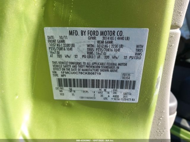 2012 FORD ESCAPE 1FMCU0C78CKB08719 Photo 8