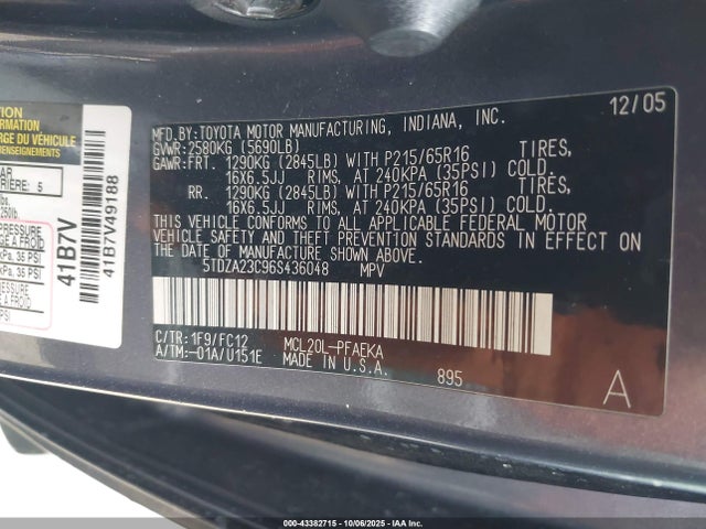 Aukcja sprzedaży 2006 Toyota Sienna Le, vin: 5TDZA23C96S436048, numer aukcji: 43382715
