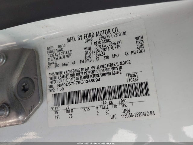 43382723 :رقم المزاد ، NM0LS7F76G1248694 vin ، 2016 Ford Transit Connect Xlt مزاد بيع
