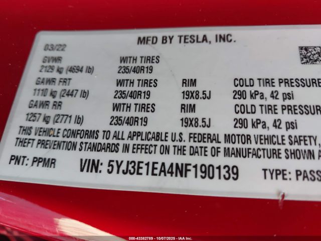 2022 TESLA MODEL 3 5YJ3E1EA4NF190139 Photo 8