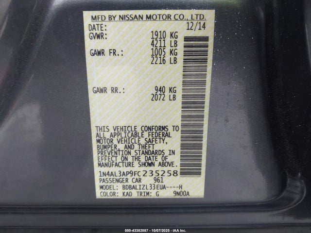 Nissan Altima 2015 1N4AL3AP9FC235258 Image 9
