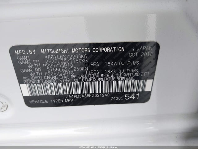 2019 MITSUBISHI OUTLANDER JA4AD3A38KZ021240 Photo 8