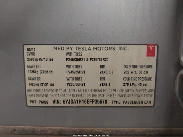 2014 Tesla Model S P85 მანქანა იყიდება აუქციონზე, vin: 5YJSA1H16EFP35678, აუქციონის ნომერი: 43383025