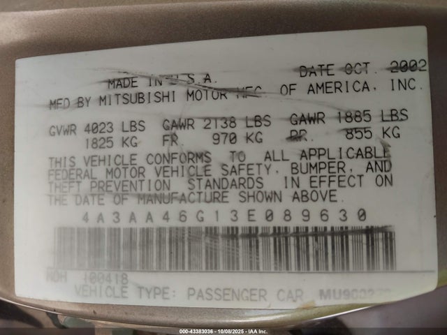 2003 MITSUBISHI GALANT 4A3AA46G13E089630 Photo 8