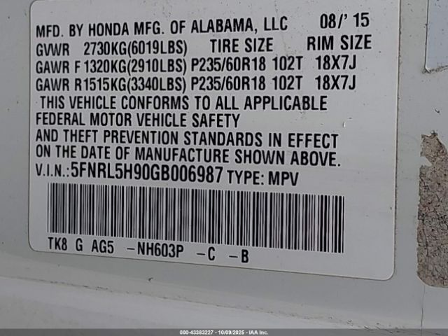 2016 HONDA ODYSSEY 5FNRL5H90GB006987 Photo 8