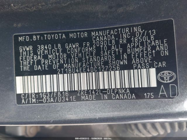 2013 TOYOTA COROLLA 2T1BU4EE4DC127256 Photo 8