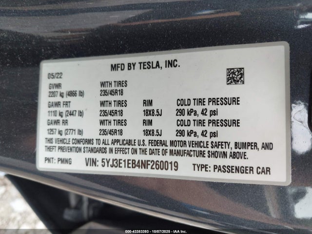 Tesla Model 3 Long Range Dual Motor All-wheel Drive 2022 5YJ3E1EB4NF260019 Image 9