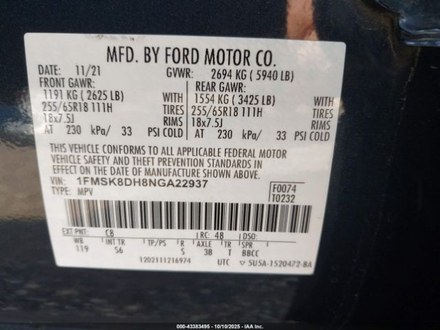 2022 FORD EXPLORER 1FMSK8DH8NGA22937 Photo 8